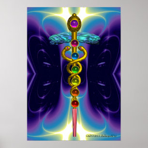 CADUCEUS AND 7 CHAKRAS , vibrant gold ametist Poster