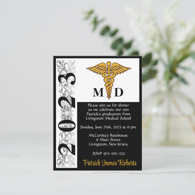 Caduceus Black & Gold Medical School Graduation Invitation (Standing Front)