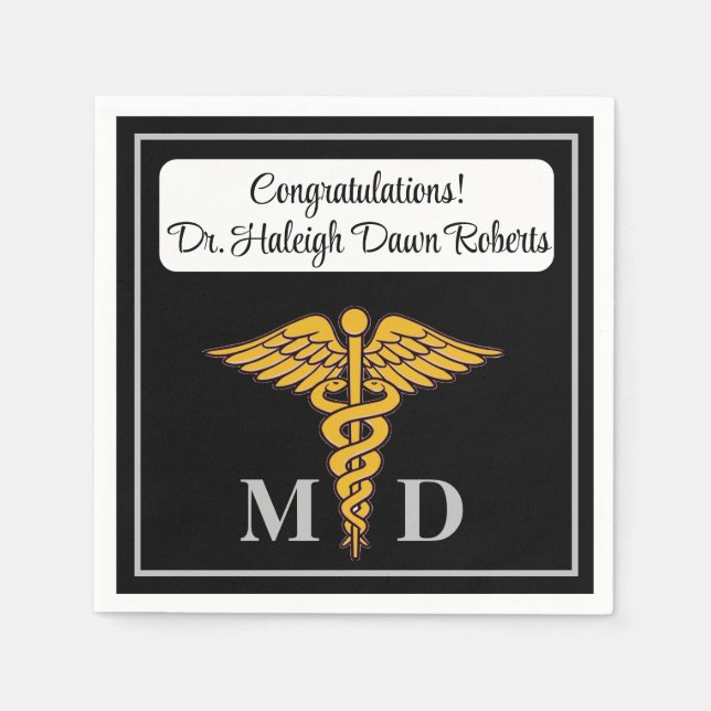 Caduceus Black & Silver Medical School Graduation Napkin (Front)
