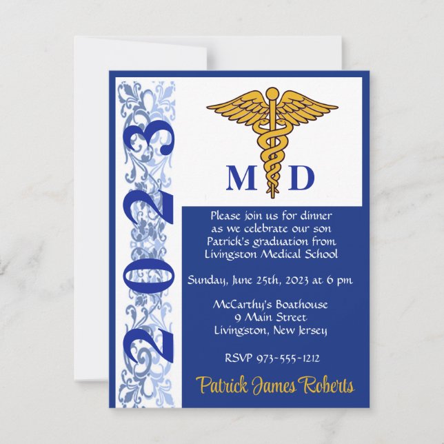 Caduceus Blue & Gold Medical School Graduation Invitation (Front)