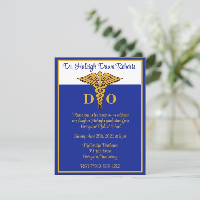 Caduceus Blue & Gold Medical School Graduation Invitation (Standing Front)