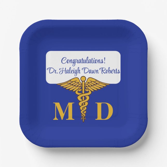 Caduceus Blue & Gold Medical School Graduation Paper Plate (Front)