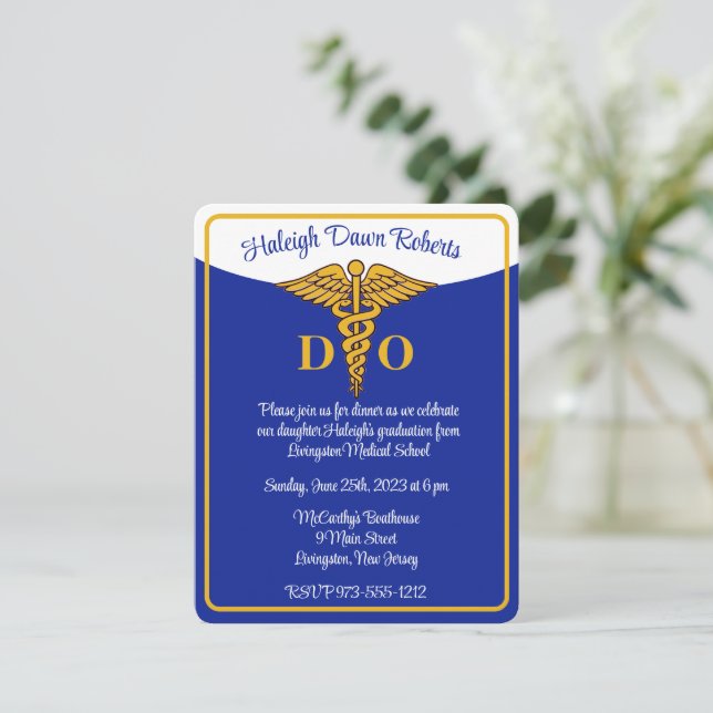 Caduceus Blue/Gold/White Medical School Graduation Invitation (Standing Front)