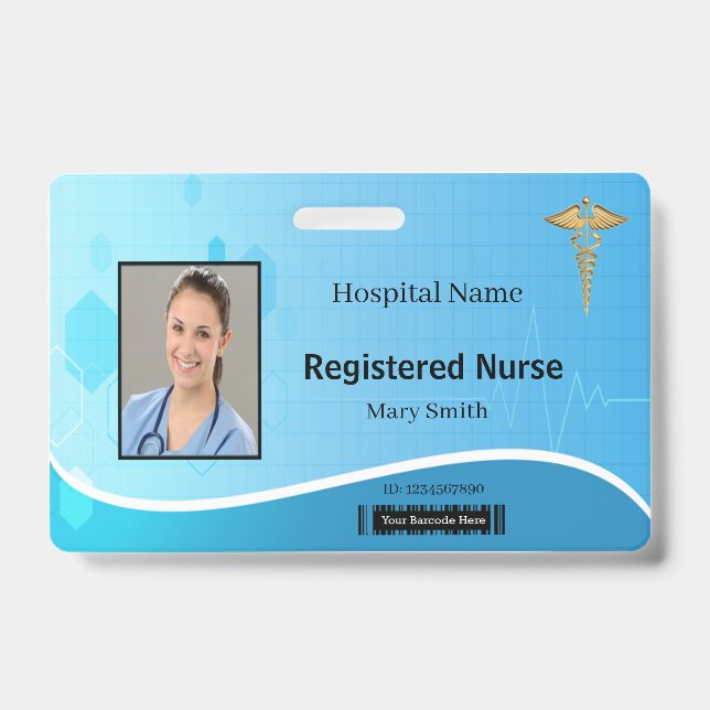 Caduceus Blue Medical Heartbeat Photo ID Badge (Front)