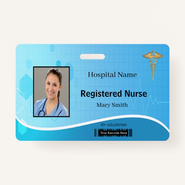 Caduceus Blue Medical Heartbeat Photo ID ID Badge (Front)