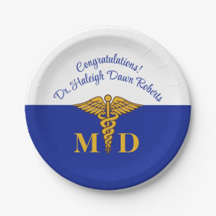 Caduceus Blue & White Medical School Graduation Paper Plate