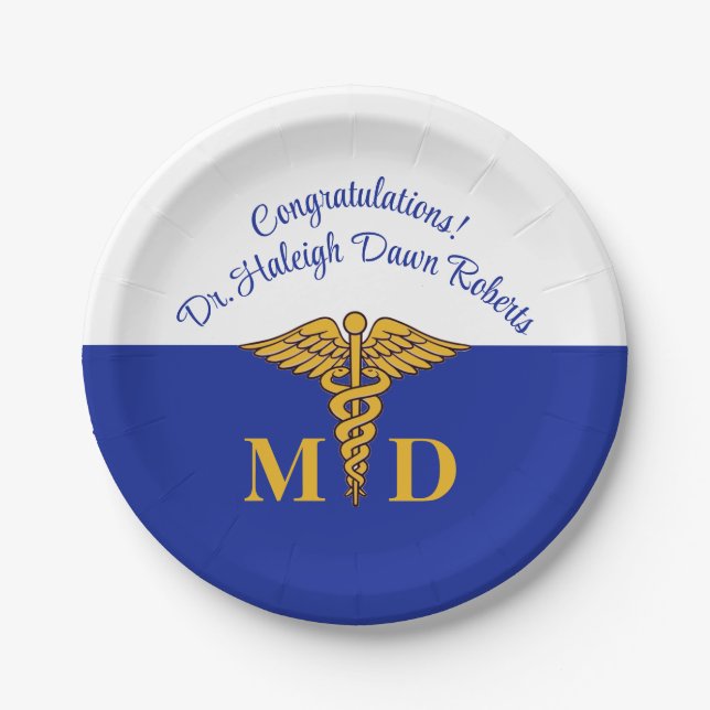 Caduceus Blue & White Medical School Graduation Paper Plate (Front)