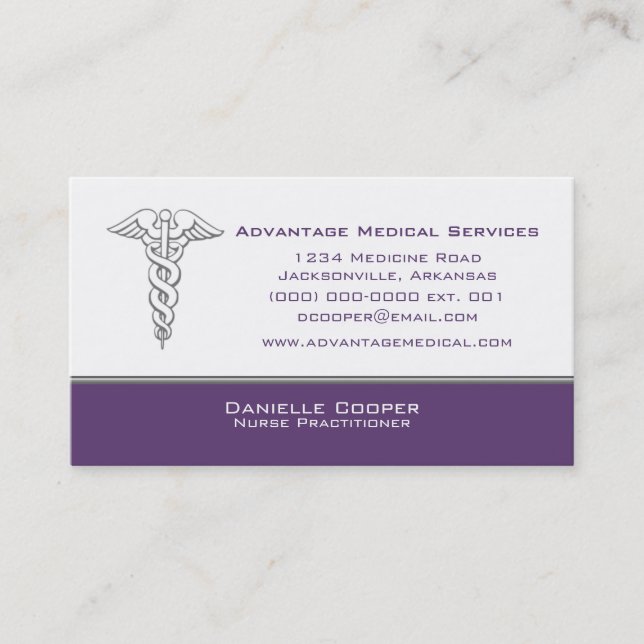 Caduceus Business Card, Purple Business Card (Front)