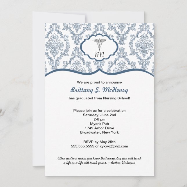 Caduceus Damask navy blue Nurse graduation RN BSN Invitation (Front)