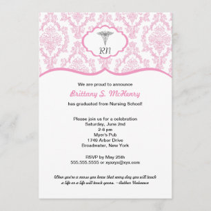 Caduceus Damask pink Nursing school graduation RN Invitation