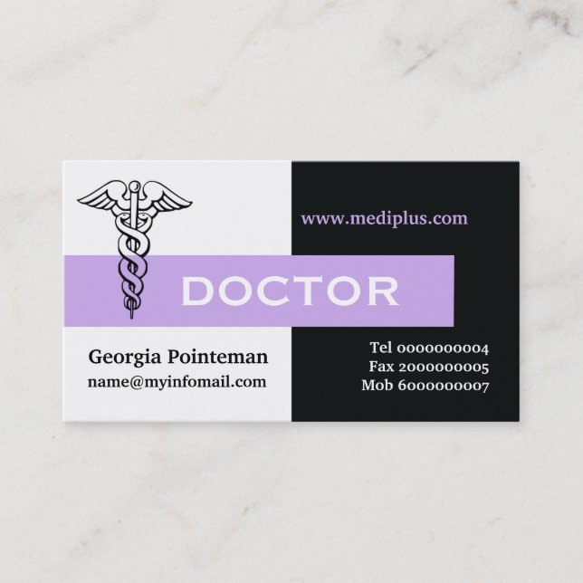 Caduceus doctor minimalist black, white, lavender business card (Front)