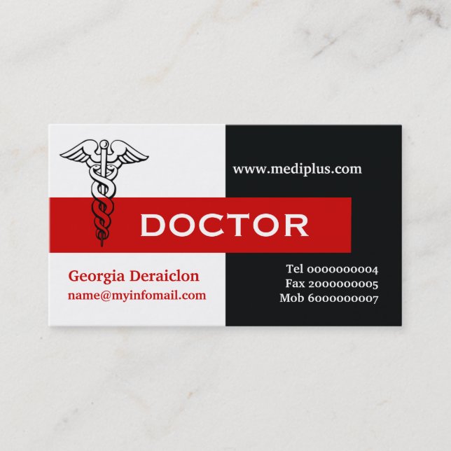 Caduceus doctor minimalist black, white, red business card (Front)