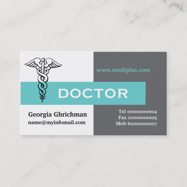 Caduceus doctor minimalist grey, white, aqua business card (Front)
