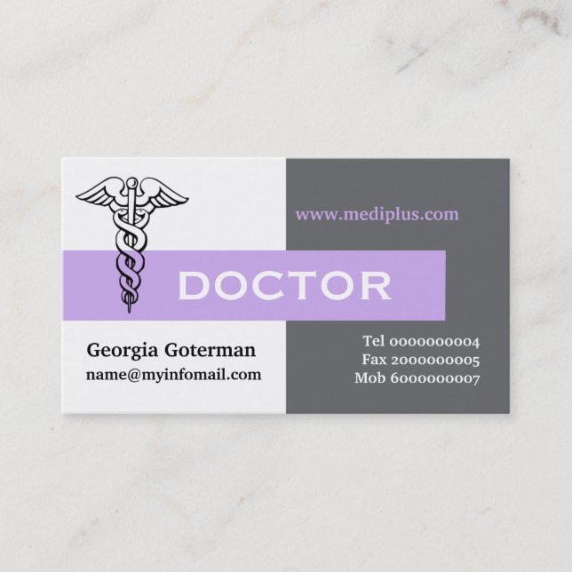 Caduceus doctor minimalist grey, white, lavender business card (Front)