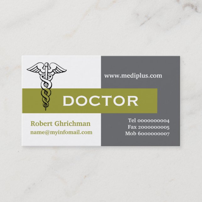 Caduceus doctor minimalist grey, white, olive business card (Front)