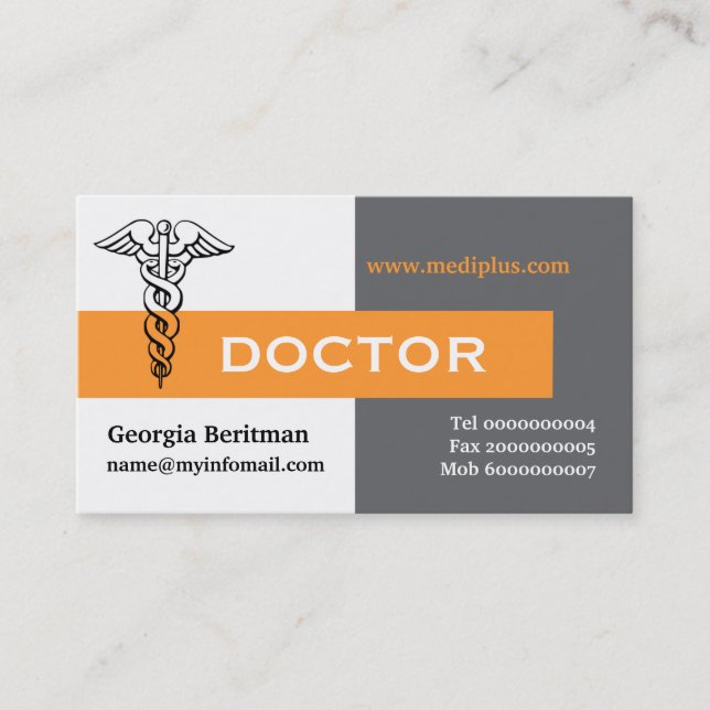 Caduceus doctor minimalist grey, white, yellow business card (Front)