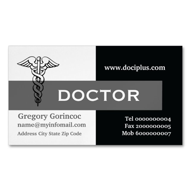 Caduceus doctor modern minimalist black, grey 	Magnetic business card (Front)