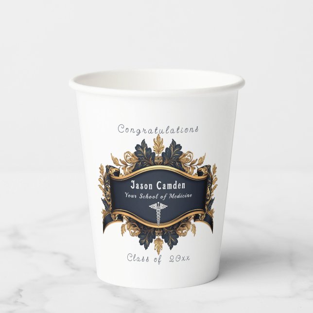 Caduceus Elegant White Navy Blue Gold White   Paper Cups (Back)