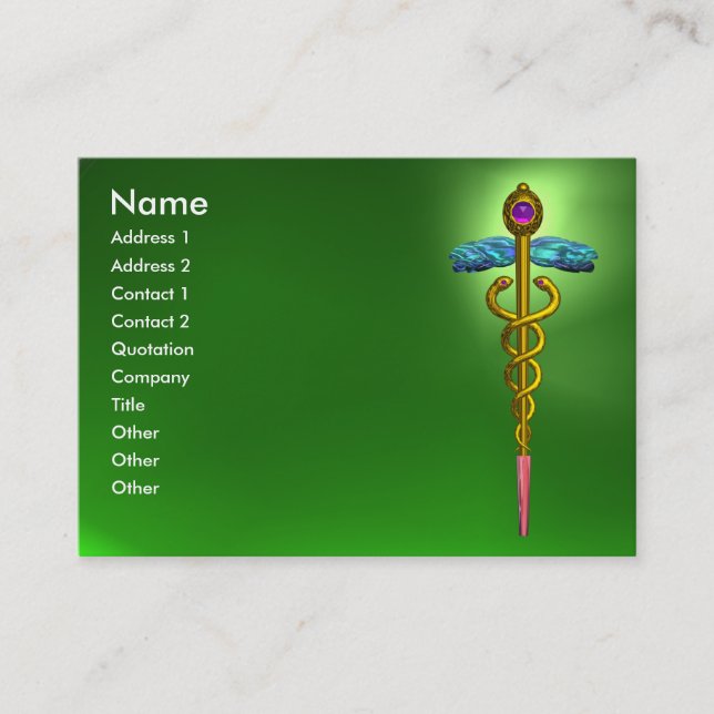 CADUCEUS, EMERALD GREEN vibrant gold amethyst pink Business Card (Front)