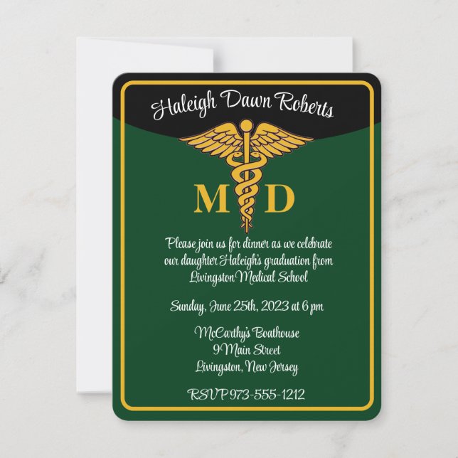 Caduceus Green & Black Medical School Graduation Invitation (Front)