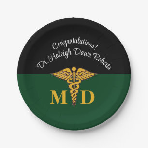 Caduceus Green & Black Medical School Graduation Paper Plate