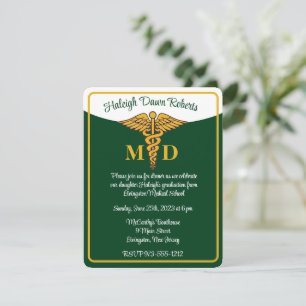 Caduceus Green & White Medical School Graduation Invitation