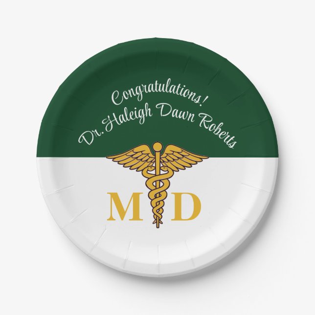 Caduceus Green & White Medical School Graduation Paper Plate (Front)