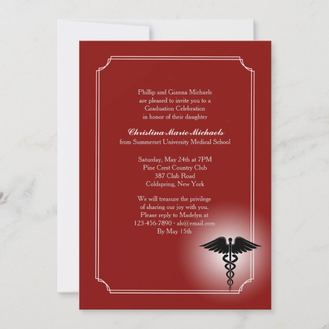 Caduceus Medical Care Crimson Graduation Invitatio Invitation (Front)