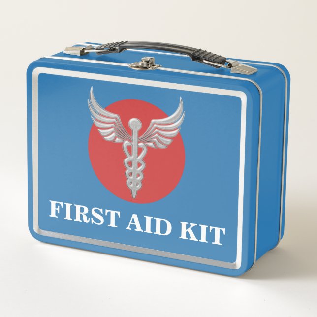 Caduceus medical first aid kit family home blue metal lunch box (Front)