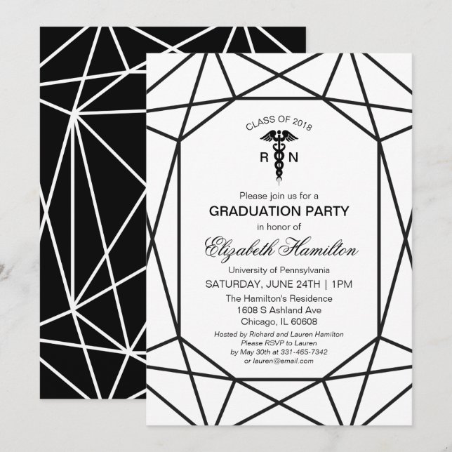 Caduceus Medical Nursing School Chic Black & White Invitation (Front/Back)