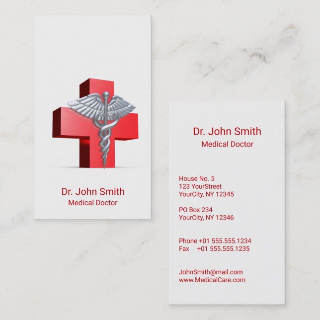 Caduceus Medical Silver 3D Cross Red Business Card (Front/Back)