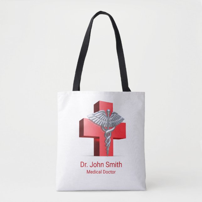 Caduceus Medical Silver 3D Cross Red Tote Bag (Front)