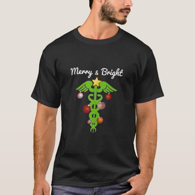 Caduceus Medical Symbol Christmas Tree Merry and B T-Shirt (Front)