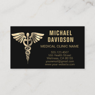 Caduceus Medical Symbol - Gold, Black, White Busin Business Card