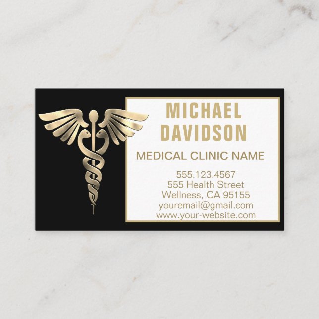 Caduceus Medical Symbol - Gold, Black, White Busin Business Card (Front)