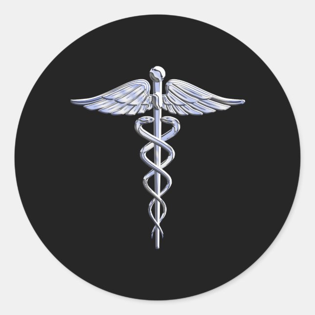 Caduceus Medical Symbol on Black Classic Round Sticker (Front)