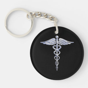 Caduceus Medical Symbol on Black Key Ring
