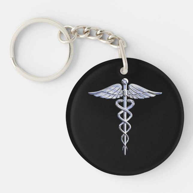 Caduceus Medical Symbol on Black Key Ring (Front)