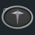Caduceus Medical Symbol on Black Oval Belt Buckle<br><div class="desc">The Symbolic Silver Chrome Like Caduceus Medical Symbol presented here on a black background. The caduceus snakes is designed to look like it is made of chrome. Good for a graduation occasion, a statement for your profession, or for a gift with that medical look your are looking for. Here's a...</div>