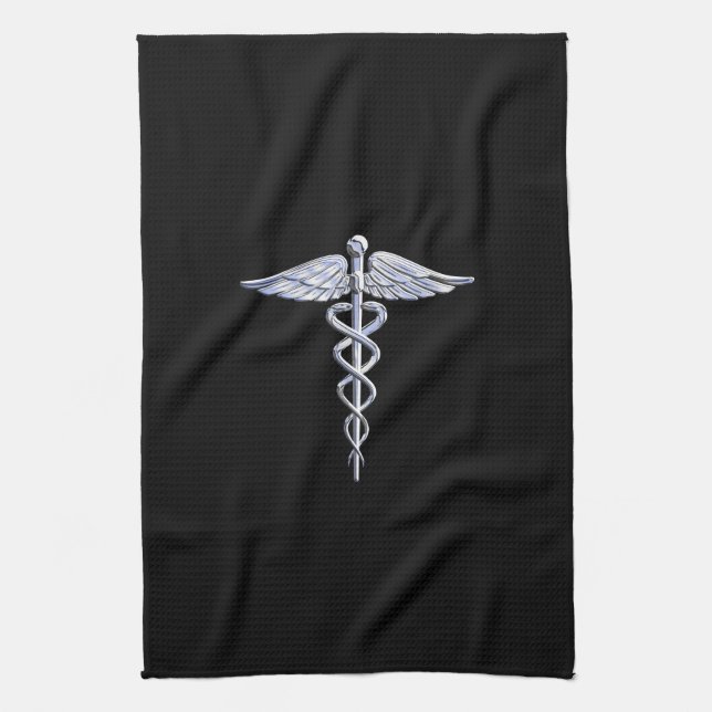 Caduceus Medical Symbol on Black Tea Towel (Vertical)