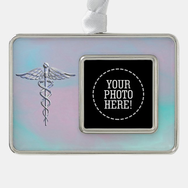 Caduceus Medical Symbol on Mother Pearl Decor Silver Plated Framed Ornament (Front)