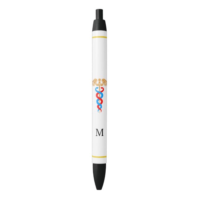 Caduceus & Monogram on White Background Black Ink Pen (Front Vertical)