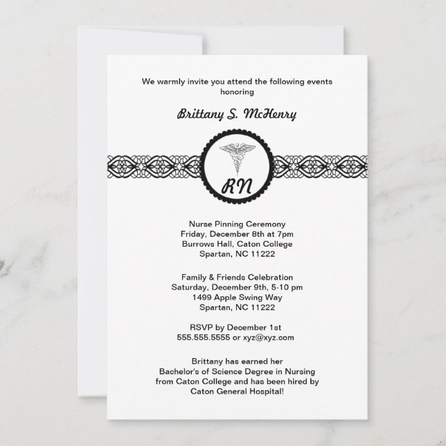 Caduceus Nurse Graduation Invite Black & White RN (Front)