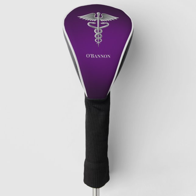 Caduceus on Purple Personalised Golf Head Cover (Front)