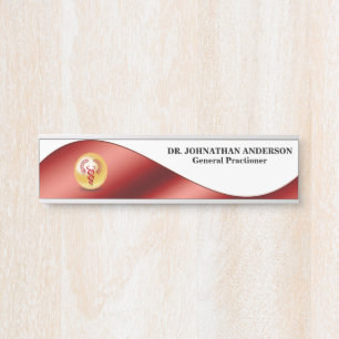 Caduceus red banner wave gold   doctor wall door sign