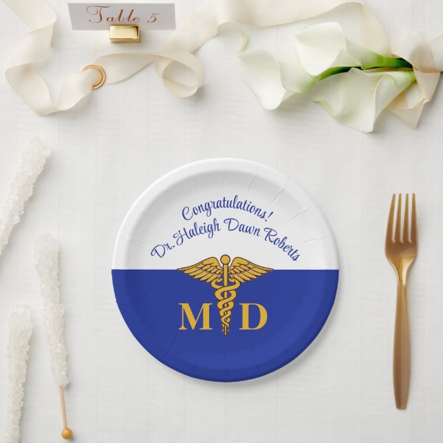 Caduceus Royal Blue Medical School Graduation Paper Plate (Wedding)