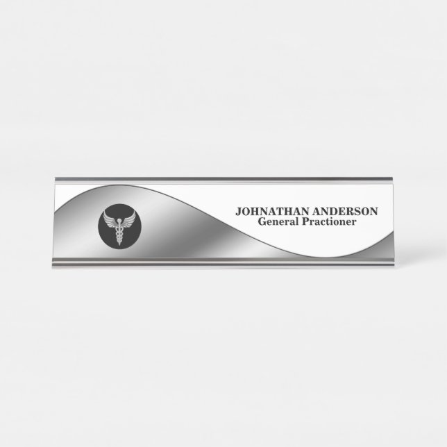 Caduceus silver black desktop name doctor surgeon desk name plate (Front)