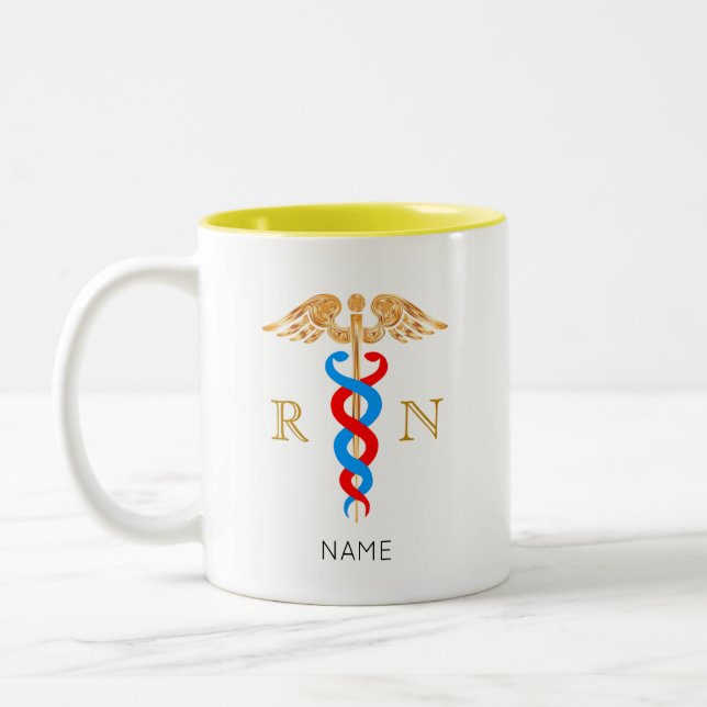Caduceus Symbol & Registered Nurse Monogram Two-Tone Coffee Mug (Left)