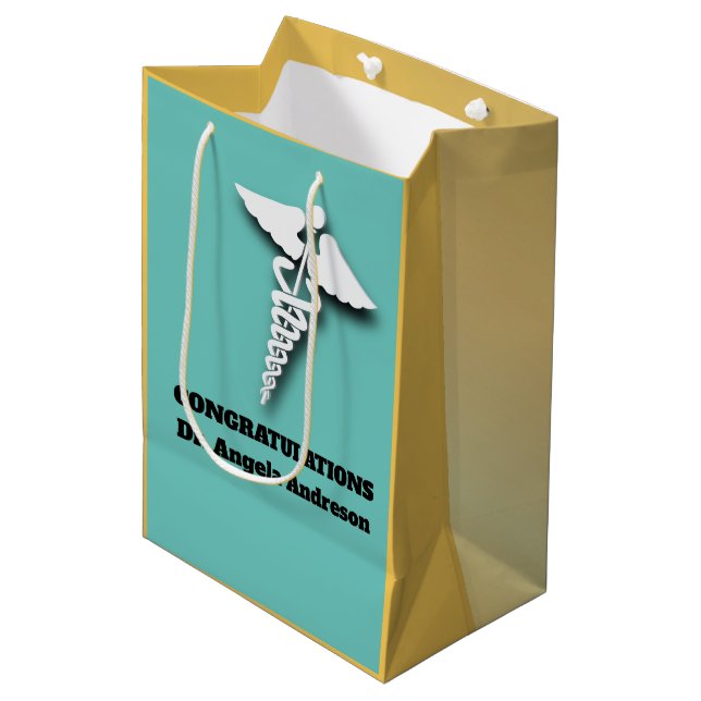 Caduceus Symbol Teal Adult Doctor Congratulations Medium Gift Bag (Front Angled)