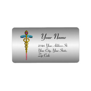 CADUCEUS, vibrant gold amethyst ,platinum metallic Label